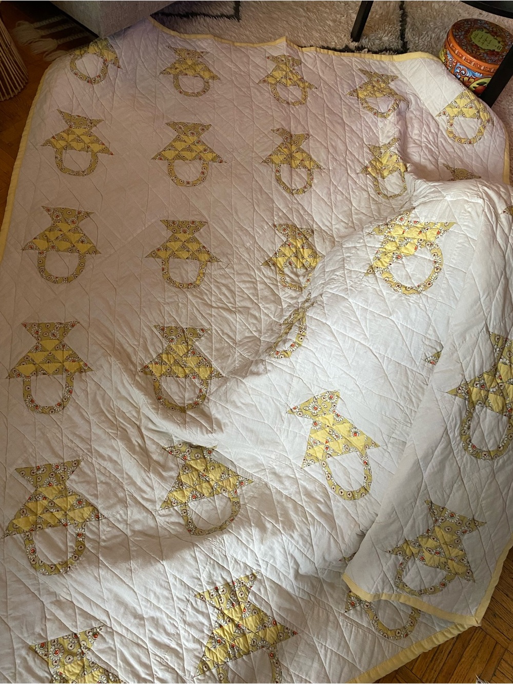 Handmade Yellow & White Quilt - cotton twin